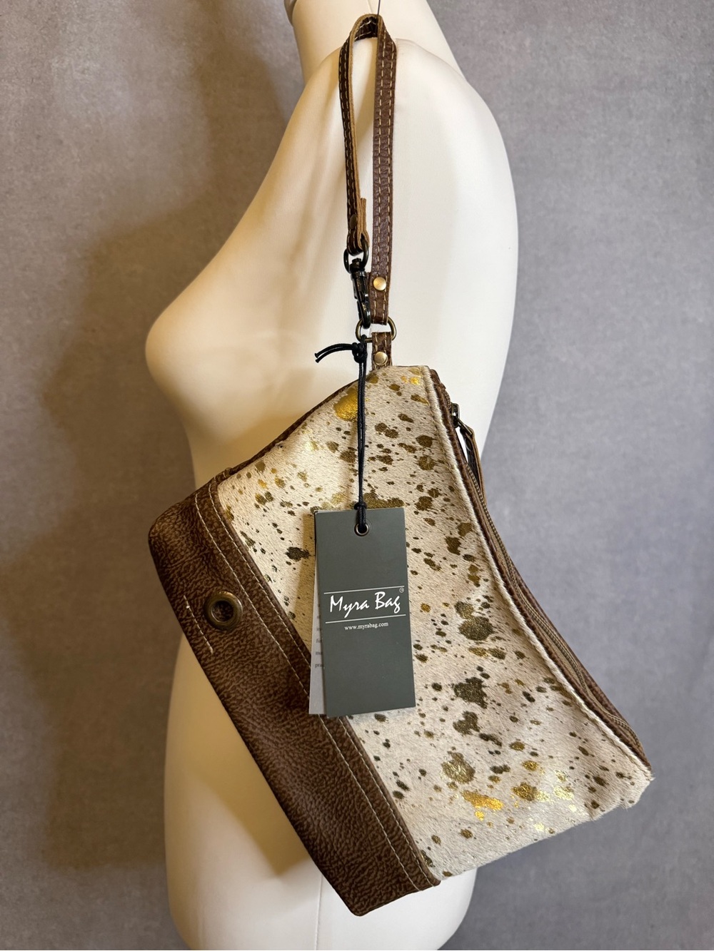 Myra Bag Hair-On Hide Leather Wristlet Clutch | Gold Foil Cowhide | NWT